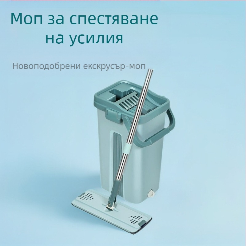 Плосък моп Thai shide — микрофибър; неръждаема стомана дръжка; отцеждане 50–60%; Velcro тип закрепване