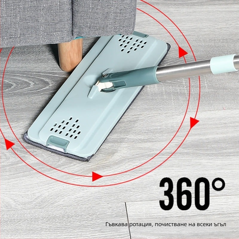 Плосък моп Thai shide — микрофибър; неръждаема стомана дръжка; отцеждане 50–60%; Velcro тип закрепване