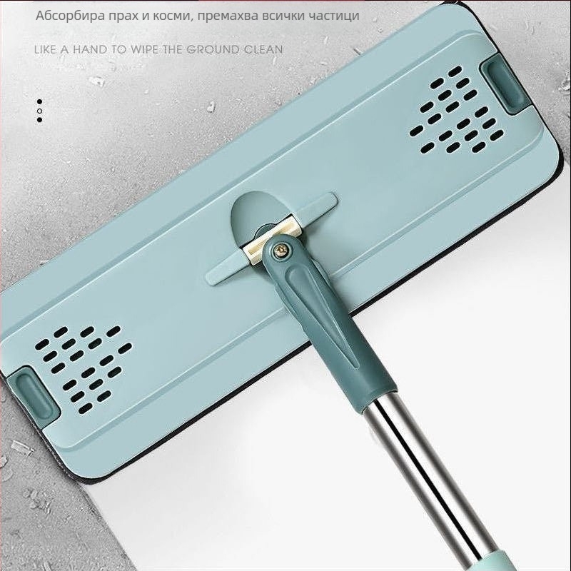 Плосък моп Thai shide — микрофибър; неръждаема стомана дръжка; отцеждане 50–60%; Velcro тип закрепване