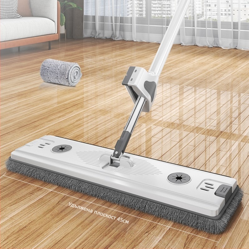 Плосък моп Thai shide — микрофибър; неръждаема стомана дръжка; отцеждане 50–60%; Velcro тип закрепване