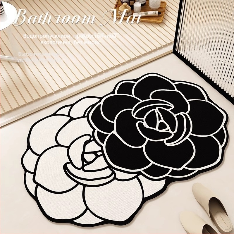 Подложка за баня за пода с флорална шарка, водопоглъщаща, неплъзгаща се, бързосъхнеща — гума | печат | квадрат | ивици