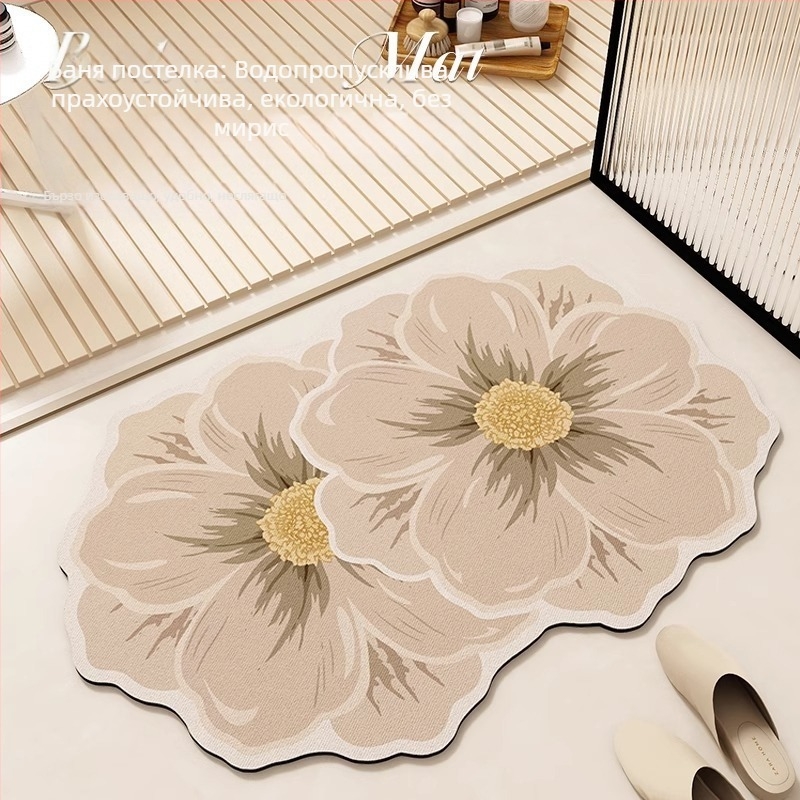 Подложка за баня за пода с флорална шарка, водопоглъщаща, неплъзгаща се, бързосъхнеща — гума | печат | квадрат | ивици