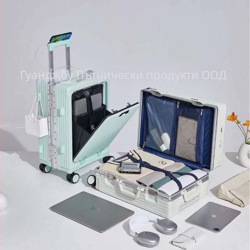 Куфар за багаж с предно отваряне, ABS+PC материал, TSA комбинационна ключалка, държач за чаша и универсални колела.