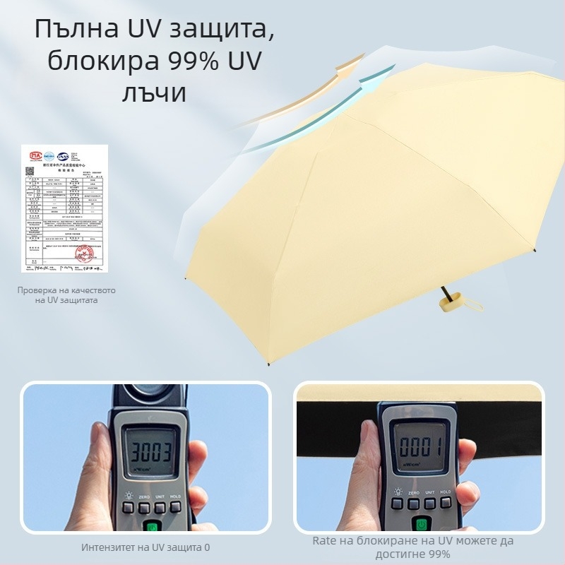 Капсулен чадър за дами, 6 ребра, плат 210T, UPF над 40, ръчно отваряне и затваряне