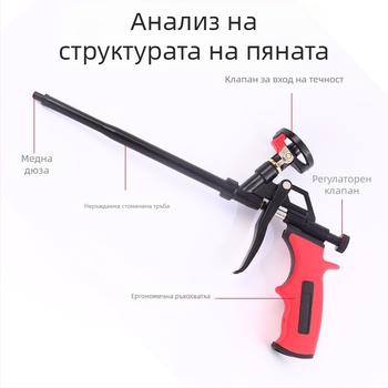 PTFE пистолет за пяна с превключвател и медна глава за полиуретанова пяна и уплътнител; макс налягане 200, макс поток 0,5, оптимално разстояние на пръскане 1000, материал: сплави/желязо/мед