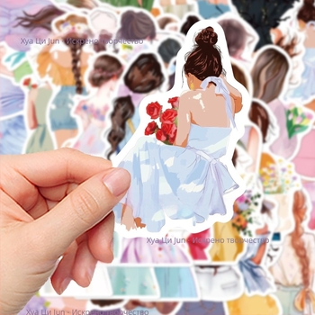50 броя PVC стикери с акварелни изображения на момичета в профил отзад за DIY декорация на калъф за телефон, iPad или лаптоп (карикатура; PVC; стикери, печат)