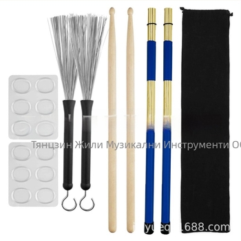 Набор барабанни четки и кленови барабанни палки (19 броя), кадифена чанта и подложка за заглушаване