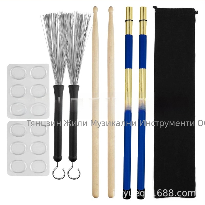 Набор барабанни четки и кленови барабанни палки (19 броя), кадифена чанта и подложка за заглушаване