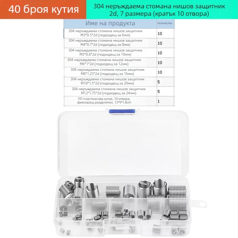60 броя неръждаеми стоманени резбови вложки за ремонт, комплект в кутия, M3–M12