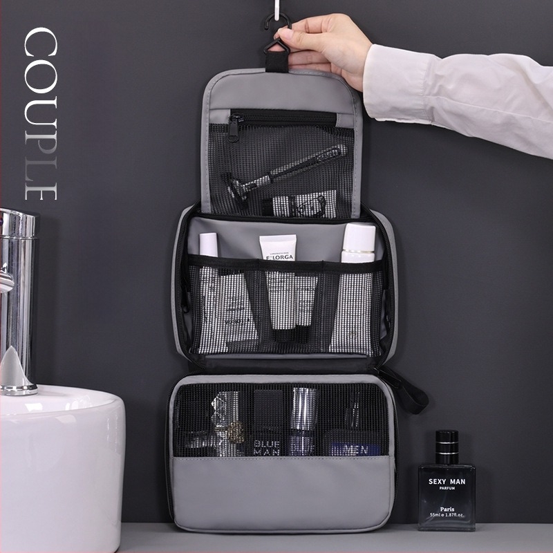 Чанта за тоалетни принадлежности за пътуване с висящ и сгъваем дизайн, водоустойчива мембранна материя, разделени отделения за козметика и хигиенни продукти