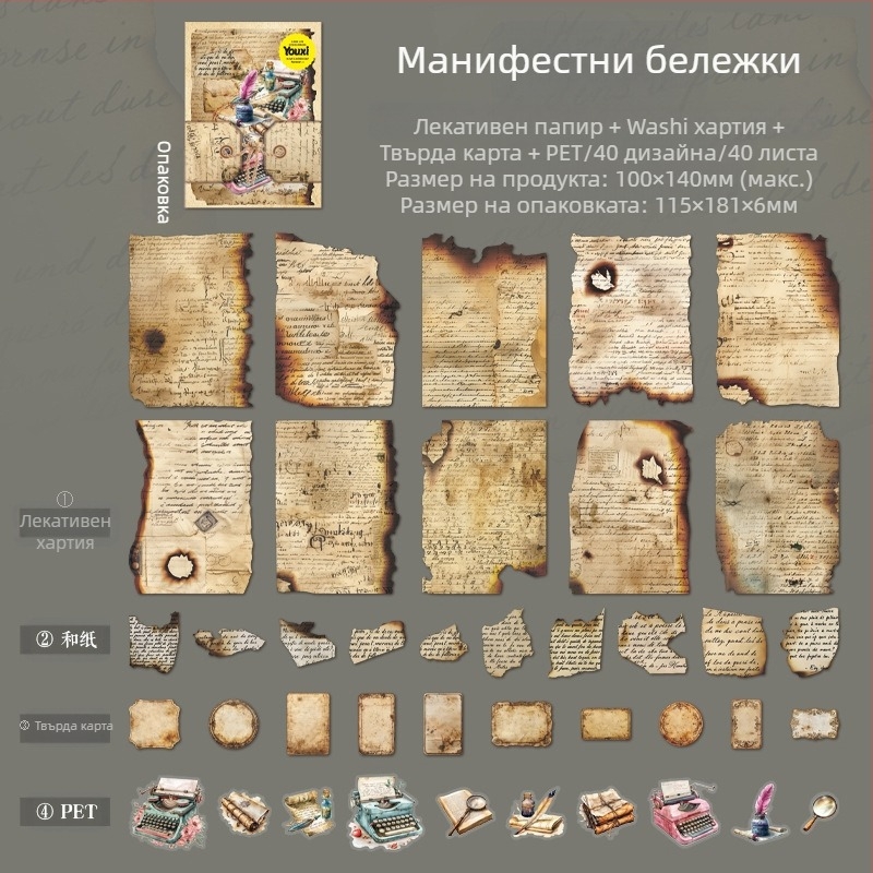 DIY комплект декоративни стикери за скрапбукъринг — ретро серия Time Capsule от Dark Phantom, 90 елемента, 4 дизайна, 60 g, без самозалепване, печат