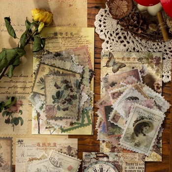 Idle Language Ретро пощенски стикери – серия Time Post Office за дневник и DIY декорация, 60 бр., 4 вида, принтирани