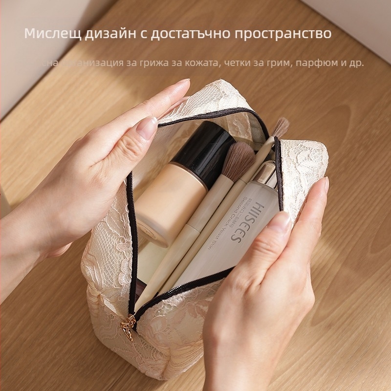 Козметична чанта, дантелен мрежест материал, национален стил, правоъгълна форма, подплата от нейлонова мрежа, проветряваща и водоустойчива.