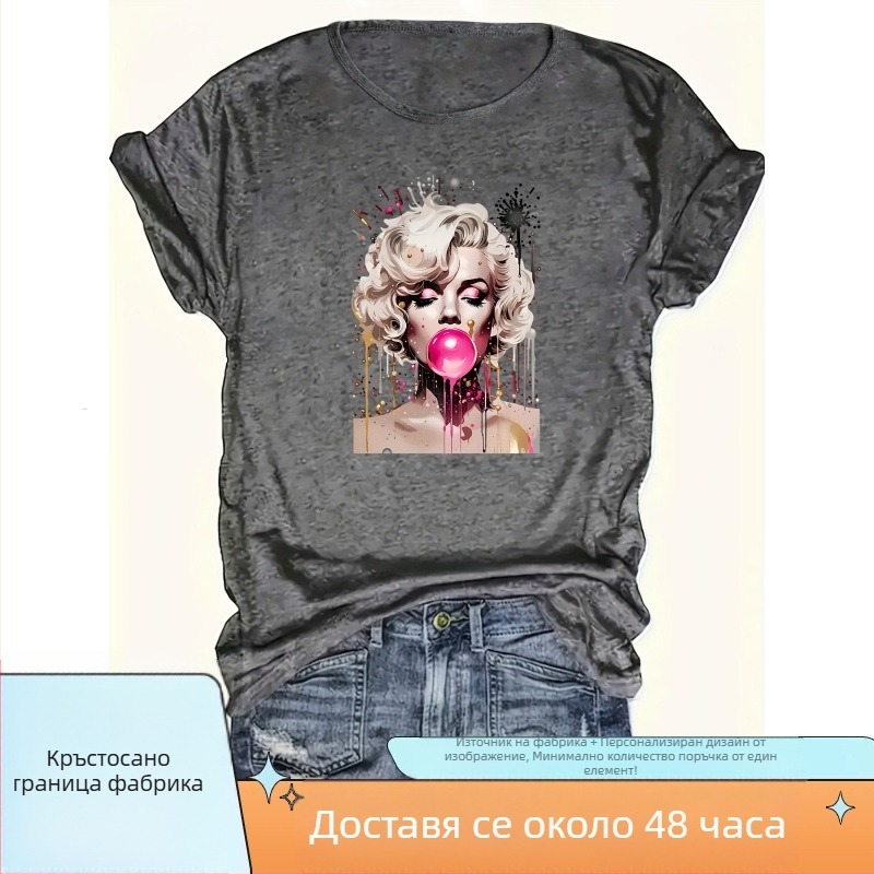 Тениска с портретен принт, женска тениска с кръгло деколте, къси ръкави, свободна кройка, полиестер