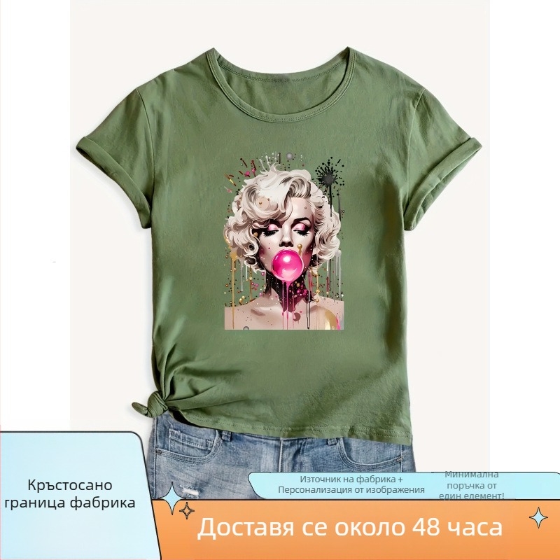 Тениска с портретен принт, женска тениска с кръгло деколте, къси ръкави, свободна кройка, полиестер