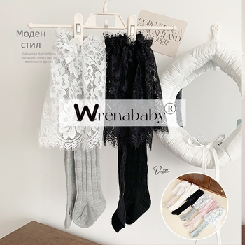 Детски чорапогащи с дантелена пола и дизайн с бамбукови сегменти, висока талия, памучно-смесена материя (85% памук), пролетно–есенни, без отвори за чатала, в корейски стил, за деца 3–8 години