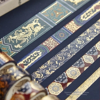 Комплект Washi ленти в китайски стил в малка подаръчна кутия, серия Източен двор, цветни шарки и стикери с фолио от съкровища на Забранения град