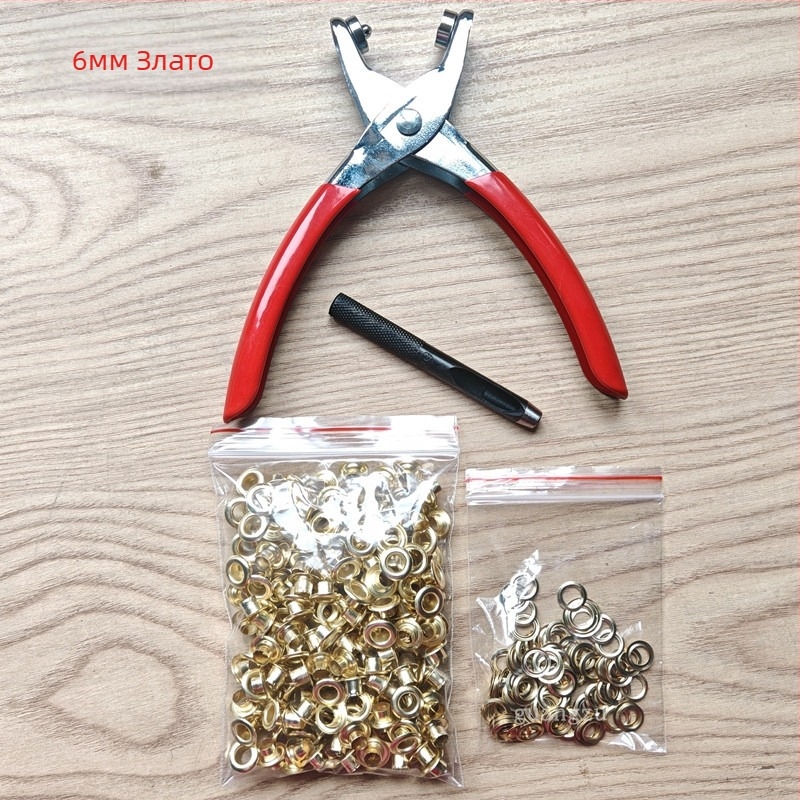 Метални клещи за глазки (eyelet pliers) — комплект с инструменти за монтаж; Материал: железо; Структура: Eyelet button; Приложение: обувки, шапки, раници, чанти, завеси