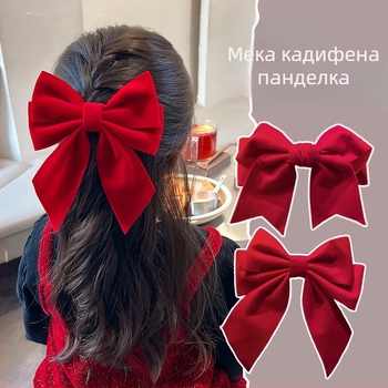 Бархатена щипка за коса за деца с голяма панделка, клип за коса с едно парче, корейски стил, зима 2024