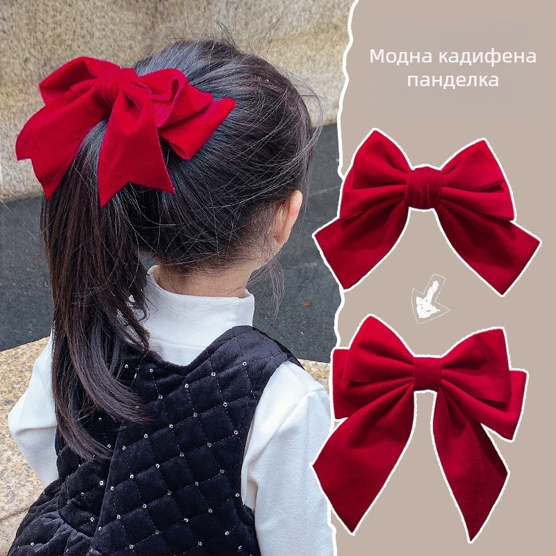 Бархатена щипка за коса за деца с голяма панделка, клип за коса с едно парче, корейски стил, зима 2024