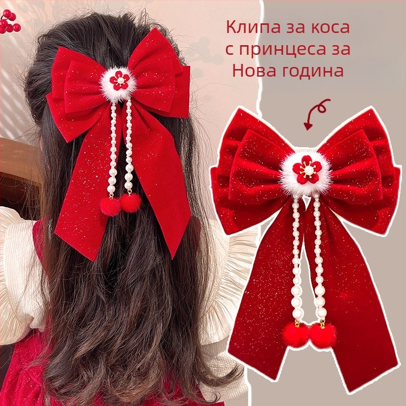 Бархатена щипка за коса за деца с голяма панделка, клип за коса с едно парче, корейски стил, зима 2024