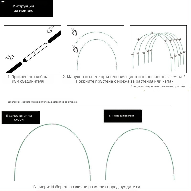 Комплект фибростъклени пръчки и неръждаема стомана за градинска оранжерия – аркова скоба, пластмасово покрити фибростъклени пръчки