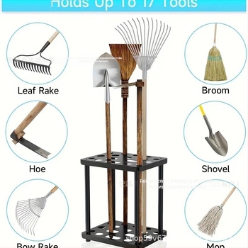 Прахово боядисан метален държач за инструменти за гараж и открито ползване с отделения за лопати и метли