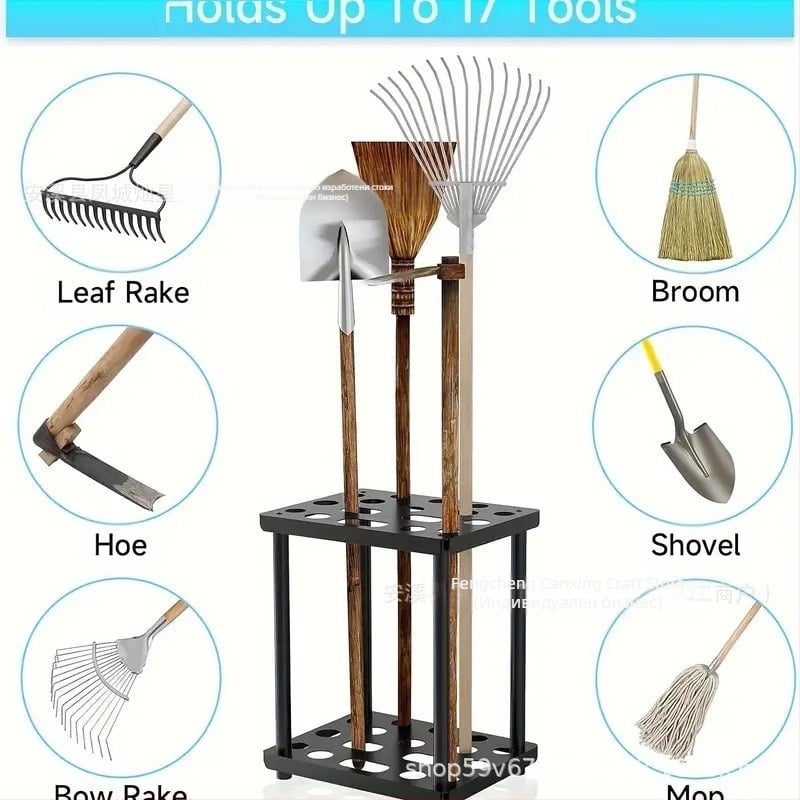 Прахово боядисан метален държач за инструменти за гараж и открито ползване с отделения за лопати и метли