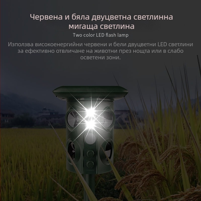 Външен репелент за животни - 12V, 5W, ултразвуков диапазон 13,5–45,5 kHz, модел 669A, колоновиден дизайн