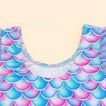 Детски цял бански за момичета с печат на рибени люспи, без ръкави, бързосъхнещ, висока еластичност, полиестер 82% с подплата
