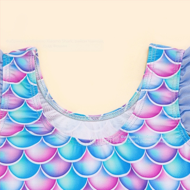 Детски цял бански за момичета с печат на рибени люспи, без ръкави, бързосъхнещ, висока еластичност, полиестер 82% с подплата