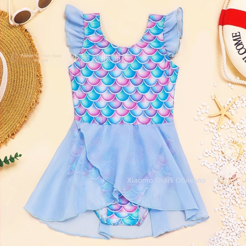 Детски цял бански за момичета с печат на рибени люспи, без ръкави, бързосъхнещ, висока еластичност, полиестер 82% с подплата