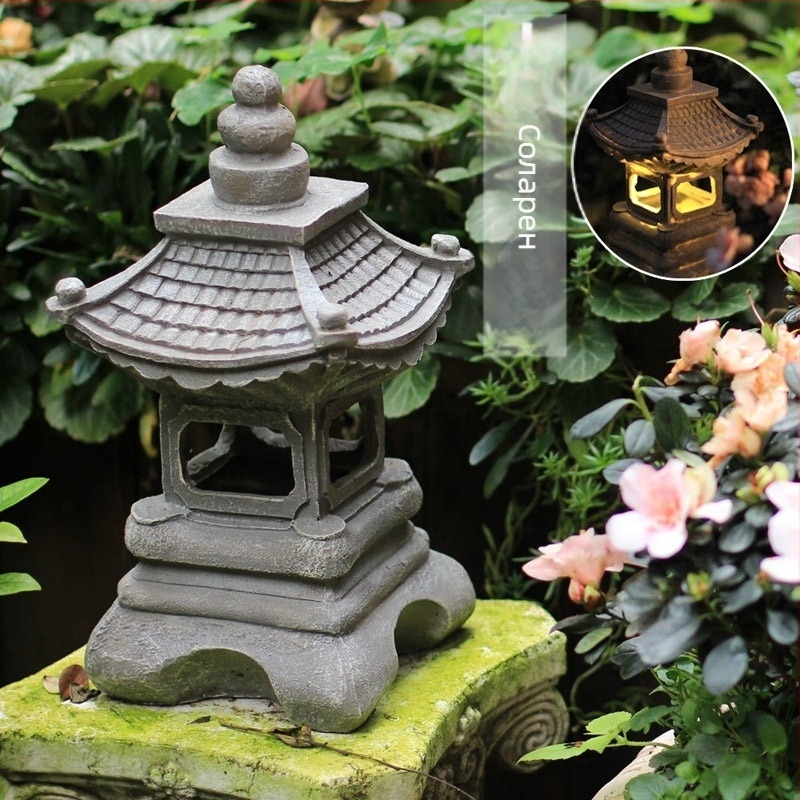 Каменен фенер за градина — външно осветление, синтетична смола, китайски стил, дзен ландшафт