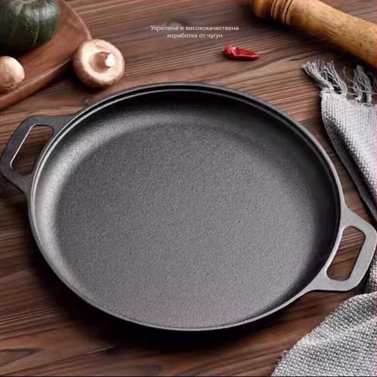Чугунена тава за палачинки с двойни дръжки, без покритие, стъклен капак; съвместима с индукция и газови котли; с едно дъно