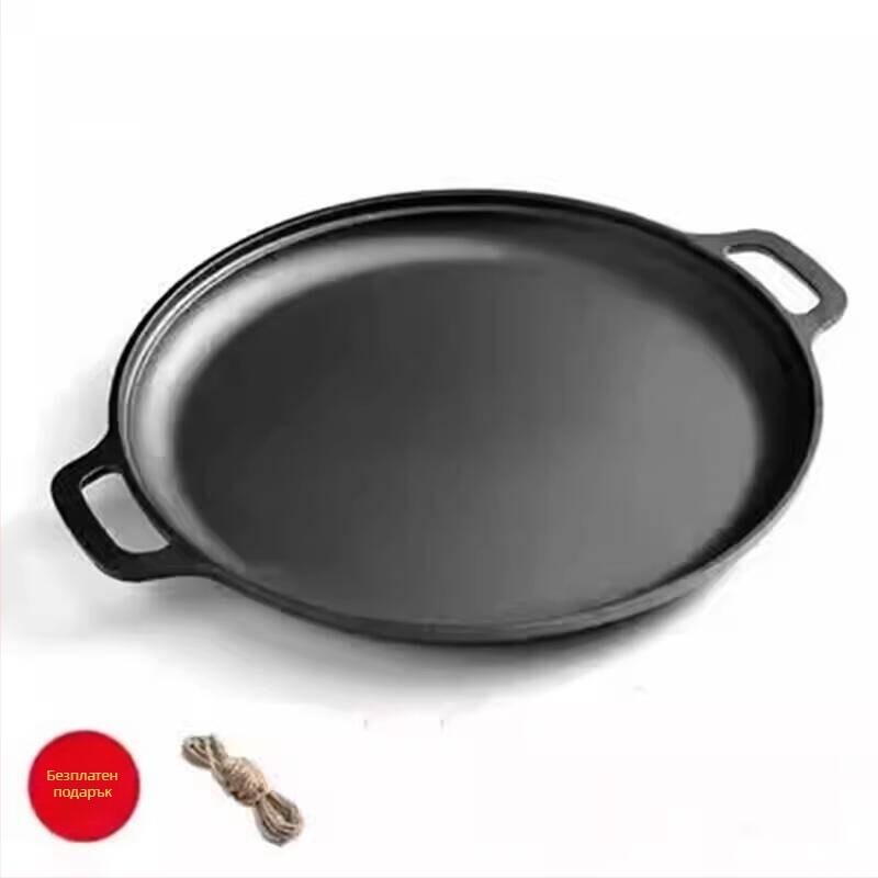 Чугунена тава за палачинки с двойни дръжки, без покритие, стъклен капак; съвместима с индукция и газови котли; с едно дъно