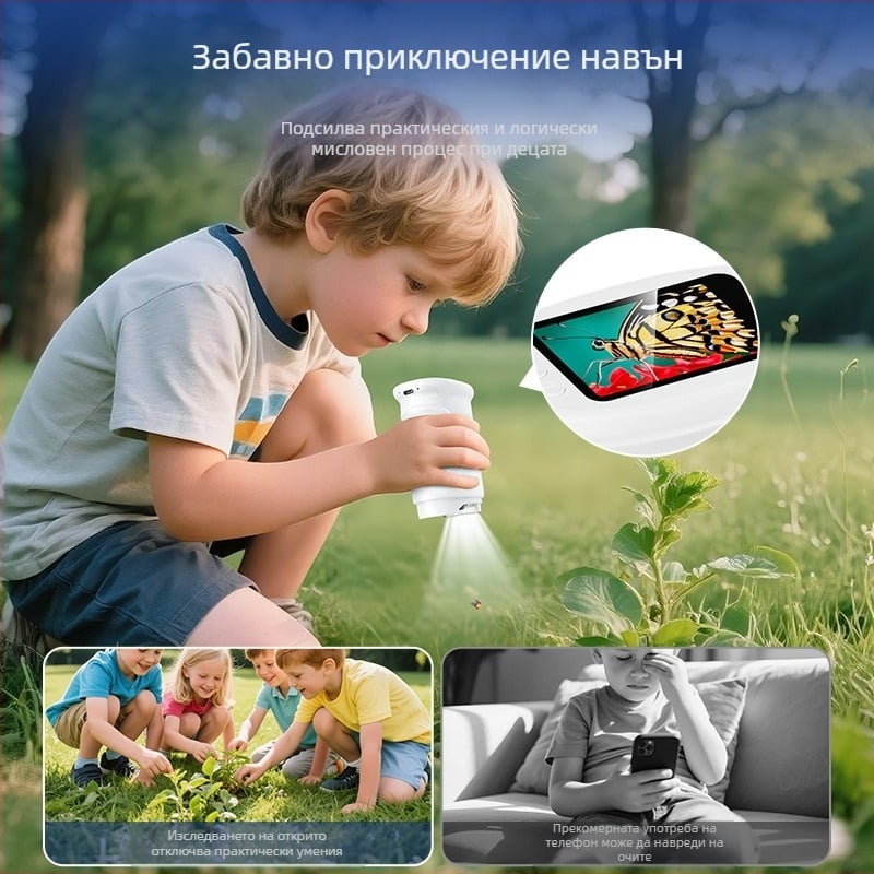 Детски преносим ръчен микроскоп – HD изображение, електрически, силиконова образователна играчка за биология и химия (за възраст 7–14 години)