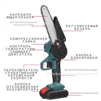 Електрическа верижна резачка, 21V презареждаема литиева батерия, компактна ръчна за подрязване и лека дървообработка