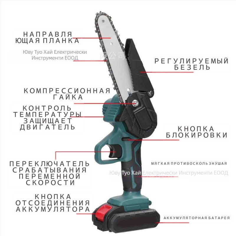 Електрическа верижна резачка, 21V презареждаема литиева батерия, компактна ръчна за подрязване и лека дървообработка