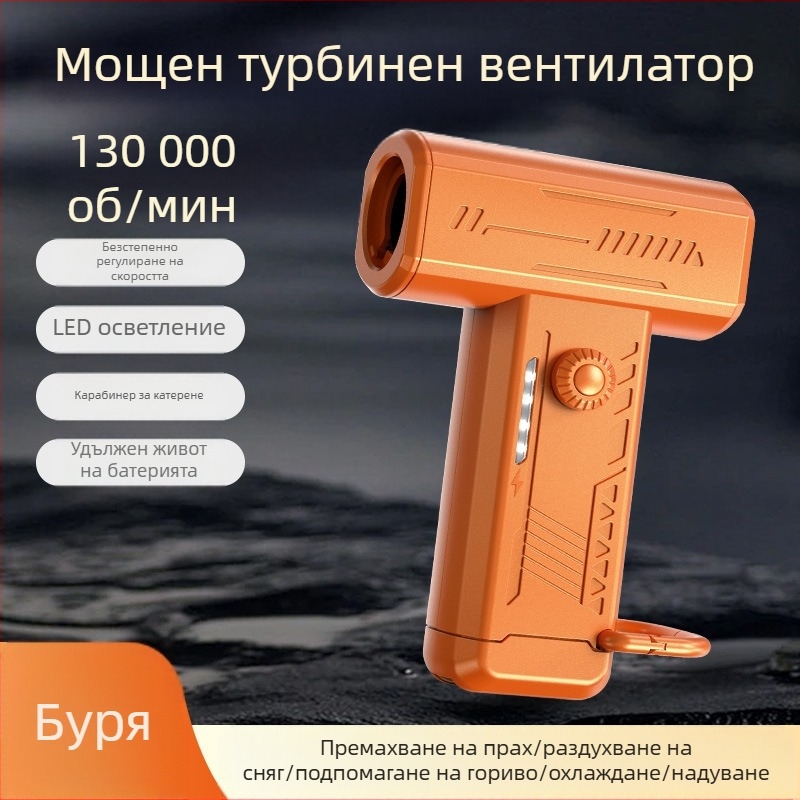 Компактен турбинен вентилатор с вградена светлина, мултифункционален мини ръчен за къмпинг и външни условия, високоскоростен въздушен поток и прахораздувател