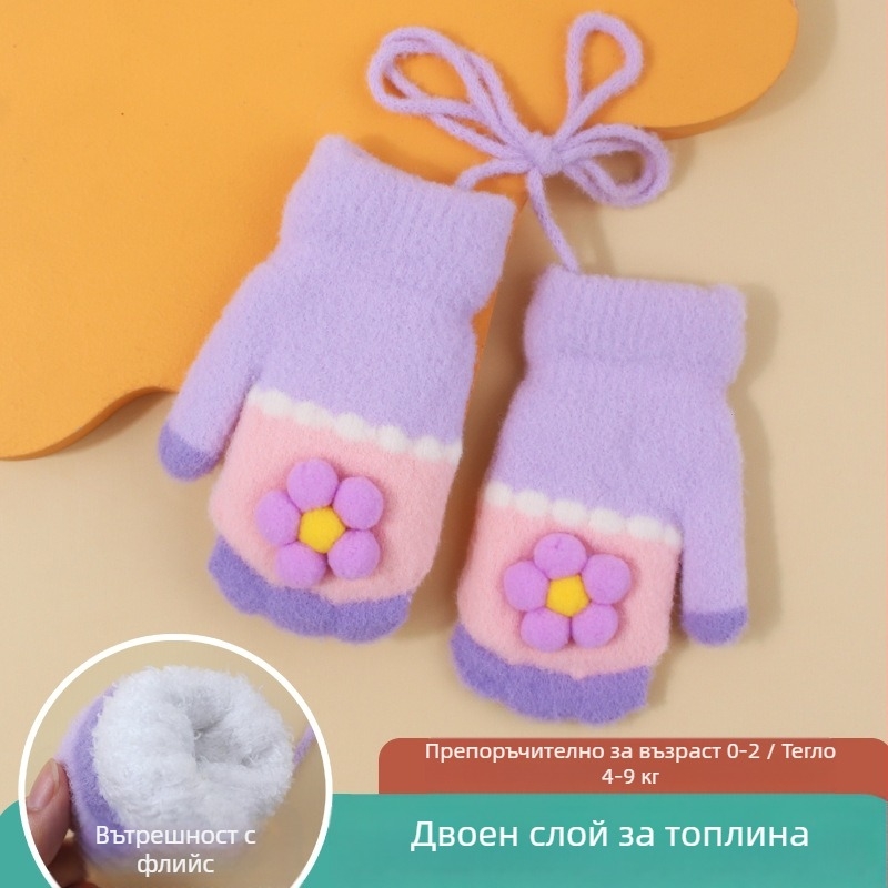 Плетени детски ръкавици с поларена подплата, мотив с карикатура, унисекс, за деца 0-2 години