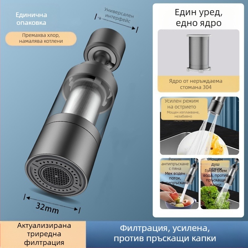 Филтър за кухненски кран – цилиндрична глава против пръски, неръждаема стомана, матово покритие, въртящ се монтаж, еднокорпусен дизайн