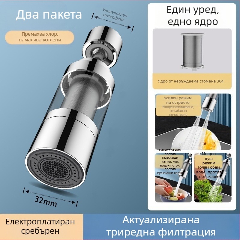 Филтър за кухненски кран – цилиндрична глава против пръски, неръждаема стомана, матово покритие, въртящ се монтаж, еднокорпусен дизайн