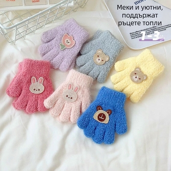 Детски ръкавици в корейски стил за зима, 1–3 г., плюшени мультфилмови мотиви, пет пръста, дебели и топли