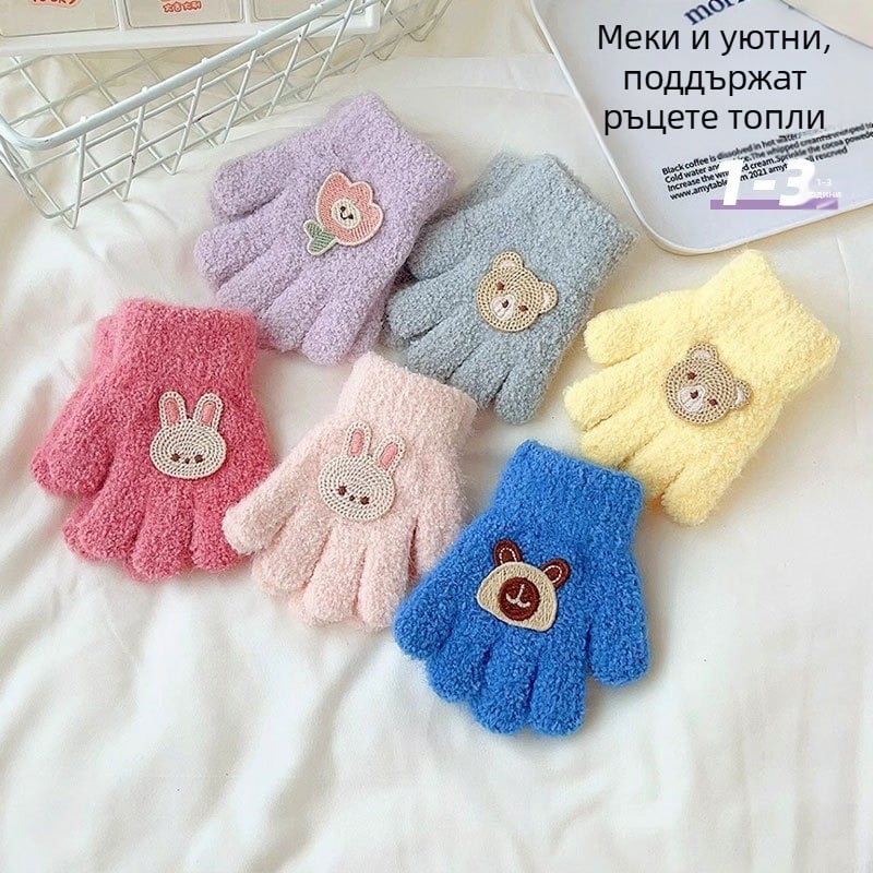 Детски ръкавици в корейски стил за зима, 1–3 г., плюшени мультфилмови мотиви, пет пръста, дебели и топли