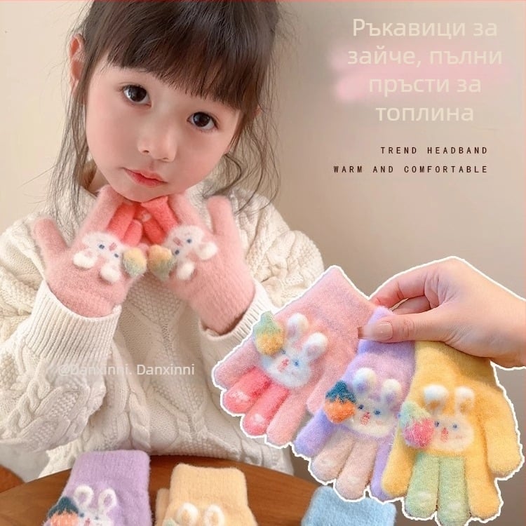 Детски зимни пръстови ръкавици от поларен флийс, плетени, пухкави, мультяшен мотив, за деца 3–12 години