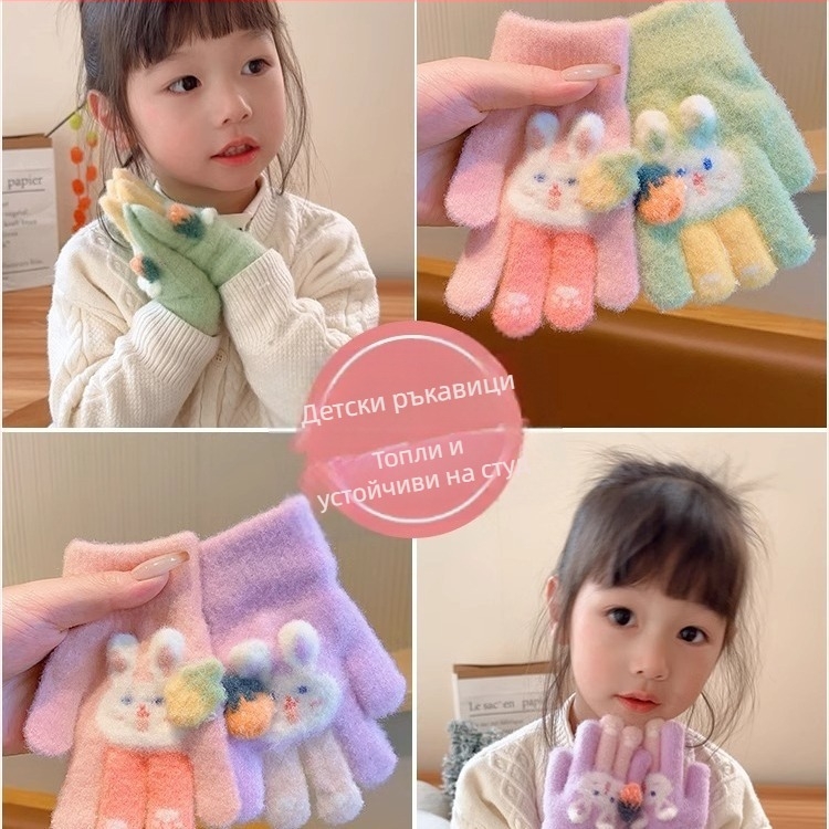 Детски зимни пръстови ръкавици от поларен флийс, плетени, пухкави, мультяшен мотив, за деца 3–12 години