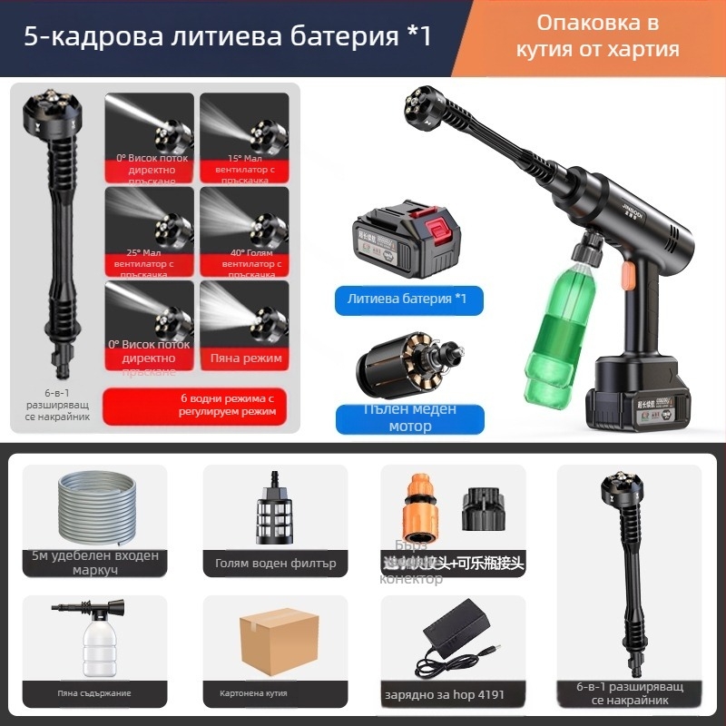 Jinbodi безжична машина за измиване на автомобили, преносима високопресна пръскачка с литиева батерия, 30 bar, обхват на пръскане 6 м, подходяща за миене на автомобили, поливане на растения и пръскане с пестициди