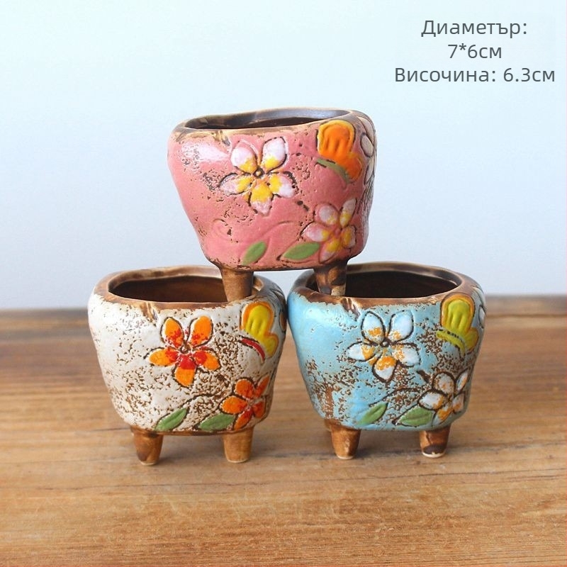 Саксия за сукуленти, ръчно рисувана, корейски стил, керамична, настолна