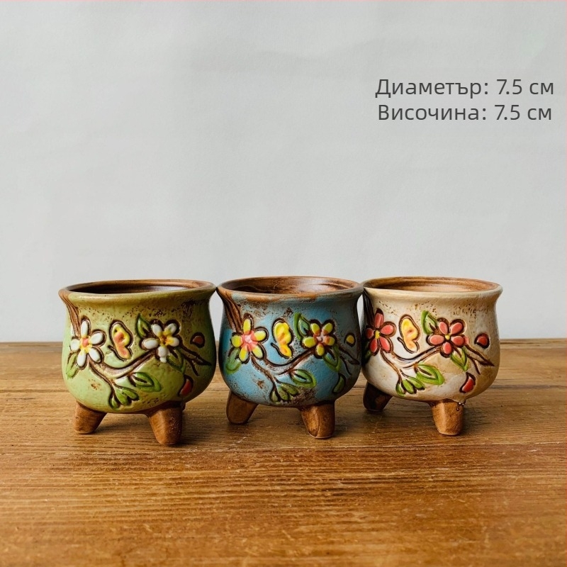 Саксия за сукуленти, ръчно рисувана, корейски стил, керамична, настолна