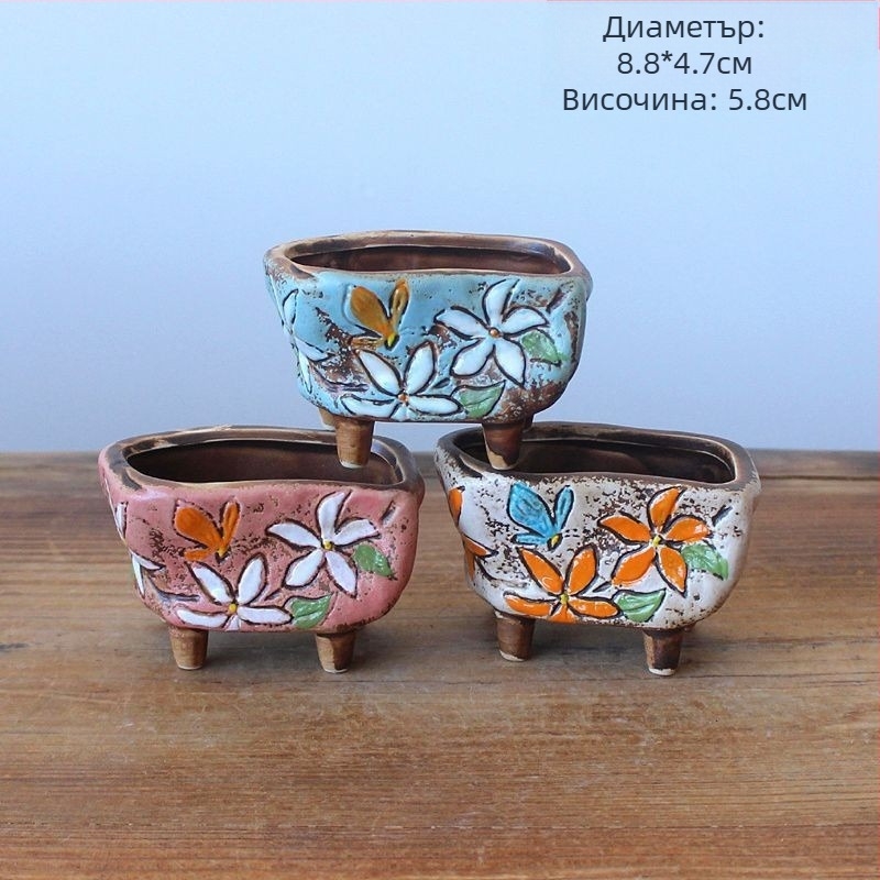 Саксия за сукуленти, ръчно рисувана, корейски стил, керамична, настолна